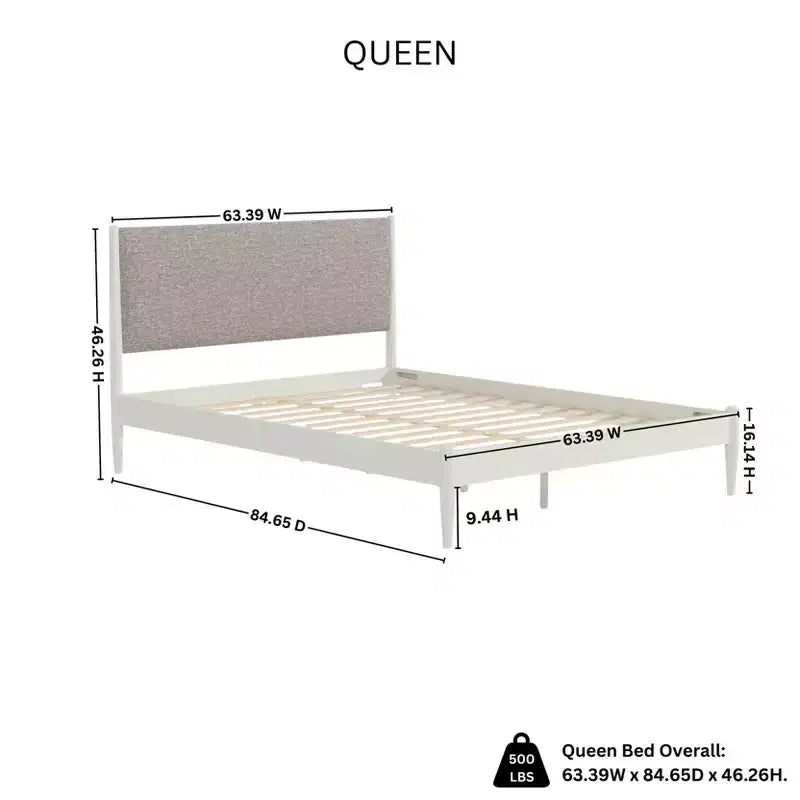 Letto a piattaforma in legno di gomma imbottito – Bianco crema, Queen, Non necessita di rete a molle