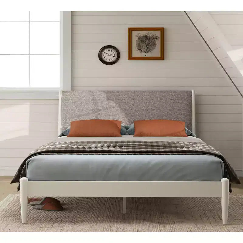 Letto a piattaforma in legno di gomma imbottito – Bianco crema, Queen, Non necessita di rete a molle