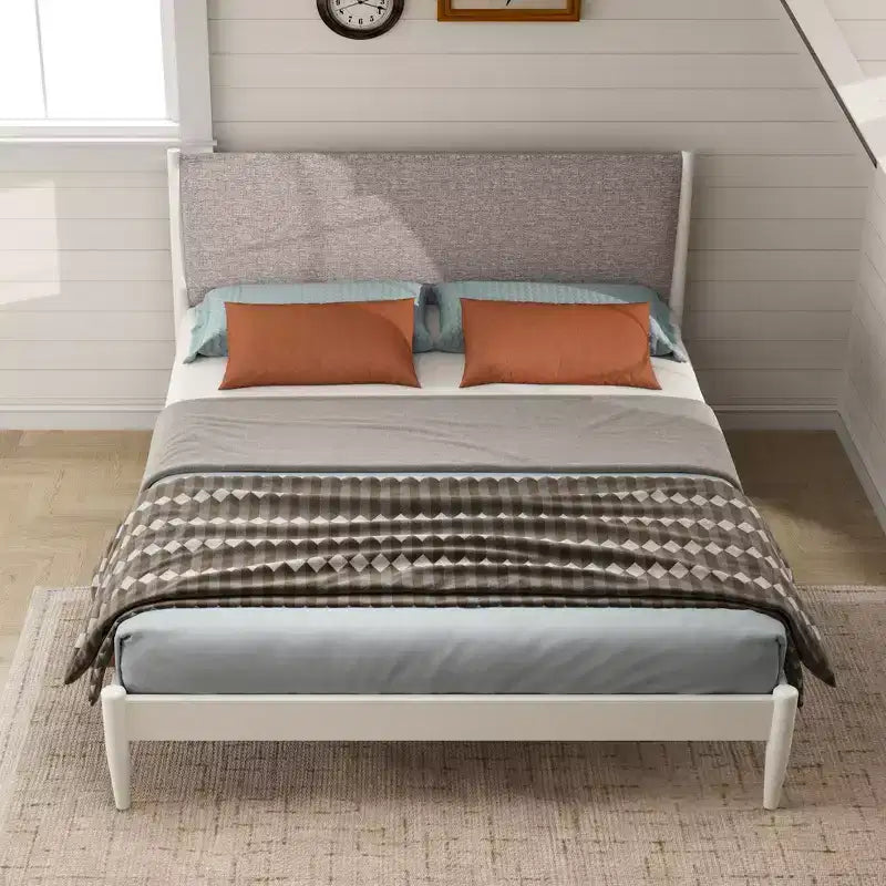 Letto a piattaforma in legno di gomma imbottito – Bianco crema, Queen, Non necessita di rete a molle