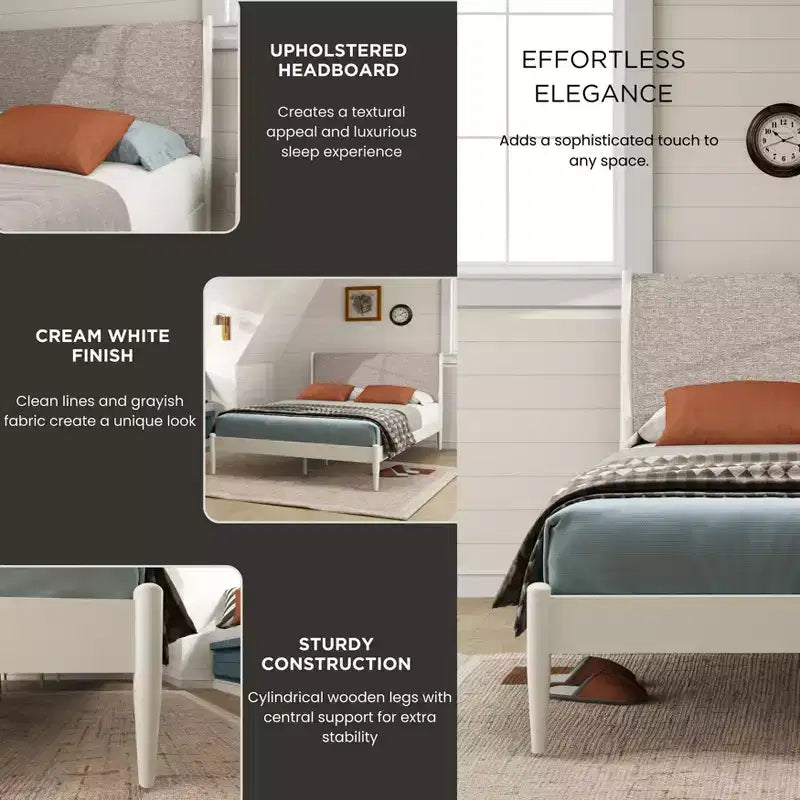 Letto a piattaforma in legno di gomma imbottito – Bianco crema, Queen, Non necessita di rete a molle