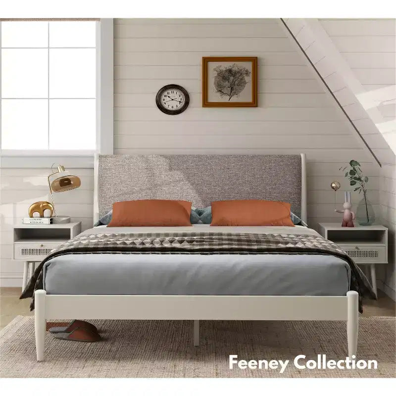 Letto a piattaforma in legno di gomma imbottito – Bianco crema, Queen, Non necessita di rete a molle