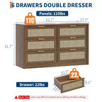 Comò a 6 cassetti per camera da letto, cassettiera in rattan con maniglia dorata, organizer cassettiera da 134 cm, tavolino consolle per ingresso