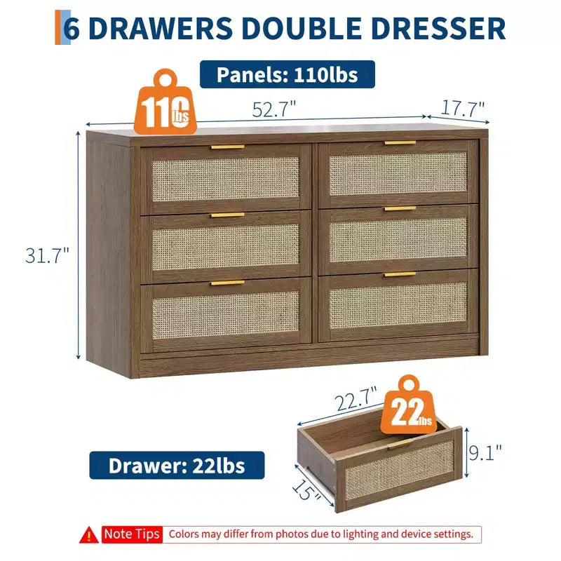 Comò a 6 cassetti per camera da letto, cassettiera in rattan con maniglia dorata, organizer cassettiera da 134 cm, tavolino consolle per ingresso