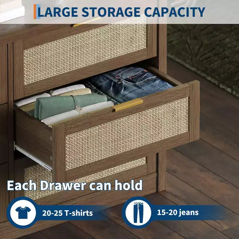 Comò a 6 cassetti per camera da letto, cassettiera in rattan con maniglia dorata, organizer cassettiera da 134 cm, tavolino consolle per ingresso