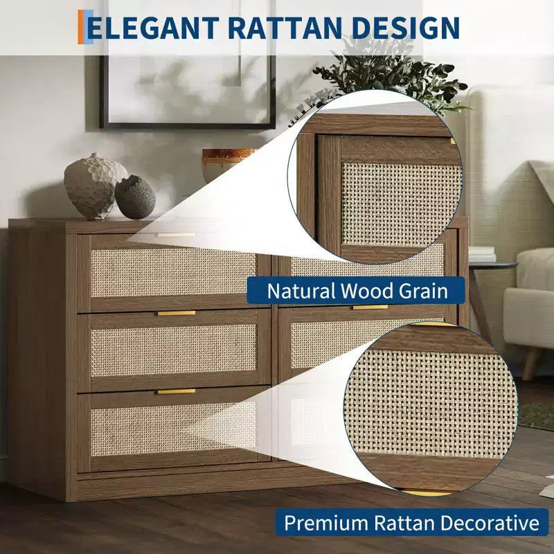 Comò a 6 cassetti per camera da letto, cassettiera in rattan con maniglia dorata, organizer cassettiera da 134 cm, tavolino consolle per ingresso