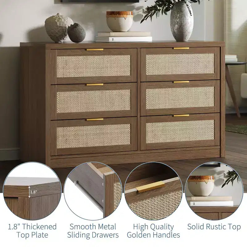 Comò a 6 cassetti per camera da letto, cassettiera in rattan con maniglia dorata, organizer cassettiera da 134 cm, tavolino consolle per ingresso