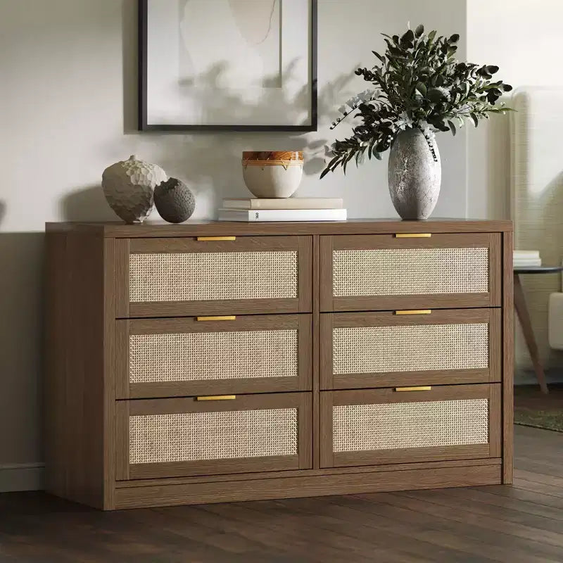Comò a 6 cassetti per camera da letto, cassettiera in rattan con maniglia dorata, organizer cassettiera da 134 cm, tavolino consolle per ingresso