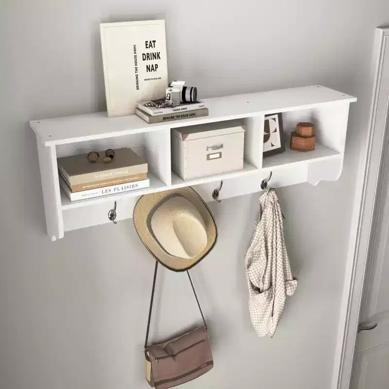 Appendiabiti a Muro con 4 Ganci Doppi e Mensola in Legno – Bianco, Ingresso