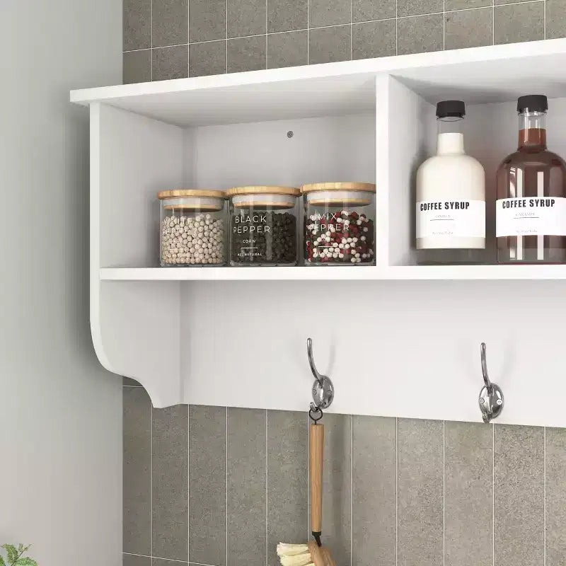 Appendiabiti a Muro con 4 Ganci Doppi e Mensola in Legno – Bianco, Ingresso