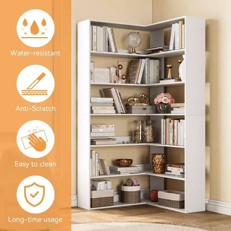 Libreria angolare a 6 ripiani a forma di L – Scaffale alto in legno a giorno con divisori