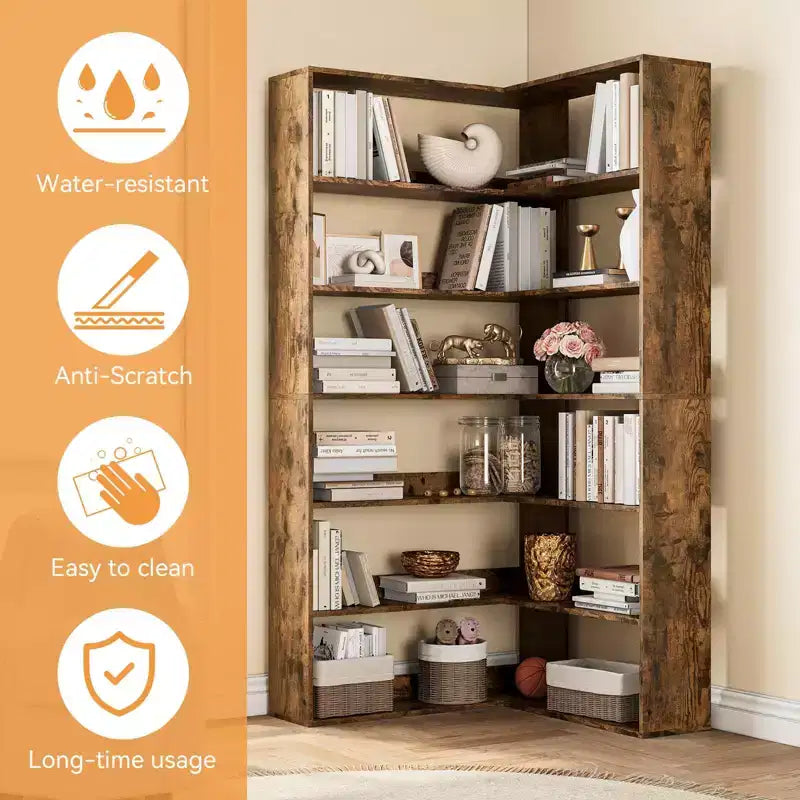 Libreria angolare a 6 ripiani a forma di L – Scaffale alto in legno a giorno con divisori