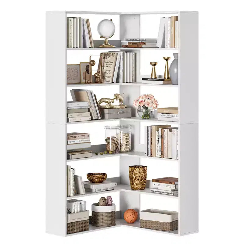 Libreria angolare a 6 ripiani a forma di L – Scaffale alto in legno a giorno con divisori