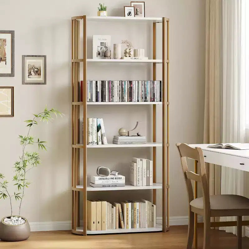 Libreria a 6 ripiani, scaffale industriale alto a 6 ripiani, libreria grande aperta con struttura in metallo, scaffale portaoggetti in legno autoportante