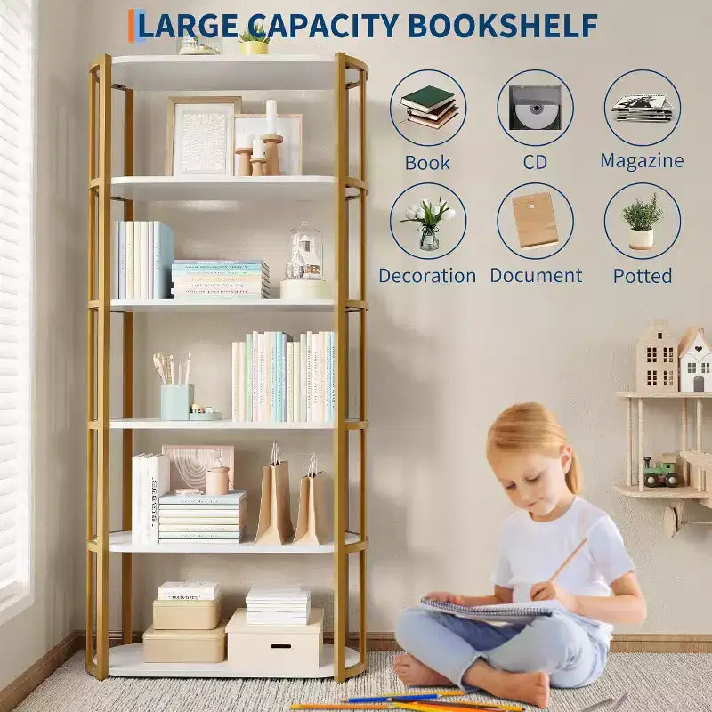 Libreria a 6 ripiani, scaffale industriale alto a 6 ripiani, libreria grande aperta con struttura in metallo, scaffale portaoggetti in legno autoportante