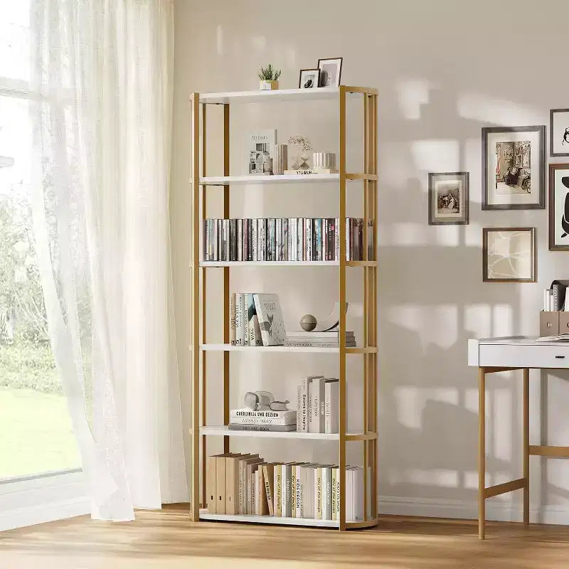 Libreria a 6 ripiani, scaffale industriale alto a 6 ripiani, libreria grande aperta con struttura in metallo, scaffale portaoggetti in legno autoportante