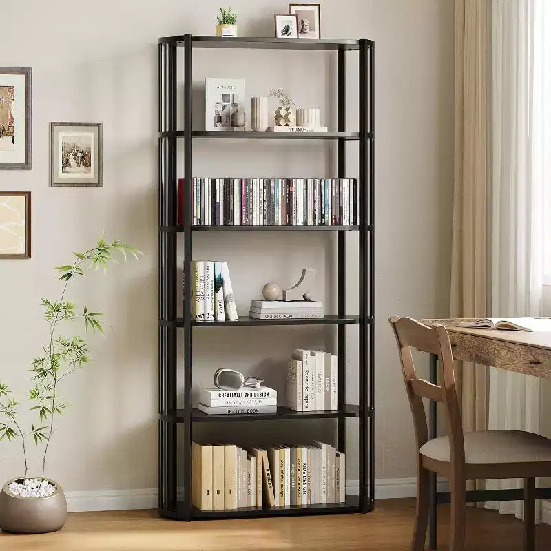 Libreria a 6 ripiani, scaffale industriale alto a 6 ripiani, libreria grande aperta con struttura in metallo, scaffale portaoggetti in legno autoportante