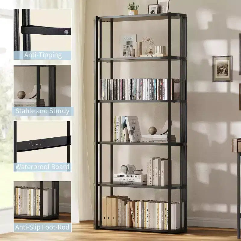 Libreria a 6 ripiani, scaffale industriale alto a 6 ripiani, libreria grande aperta con struttura in metallo, scaffale portaoggetti in legno autoportante