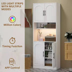 Dispensa da Cucina Alta 180 cm con Supporto per Microonde e Luci a LED, Credenza, Armadio Stretto in Legno per Sale da Pranzo, Appartamenti, Bianco