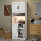 Dispensa da Cucina Alta 180 cm con Supporto per Microonde e Luci a LED, Credenza, Armadio Stretto in Legno per Sale da Pranzo, Appartamenti, Bianco