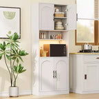 Dispensa da Cucina Alta 180 cm con Supporto per Microonde e Luci a LED, Credenza, Armadio Stretto in Legno per Sale da Pranzo, Appartamenti, Bianco