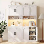 Dispensa da Cucina Alta 180 cm con Supporto per Microonde e Luci a LED, Credenza, Armadio Stretto in Legno per Sale da Pranzo, Appartamenti, Bianco