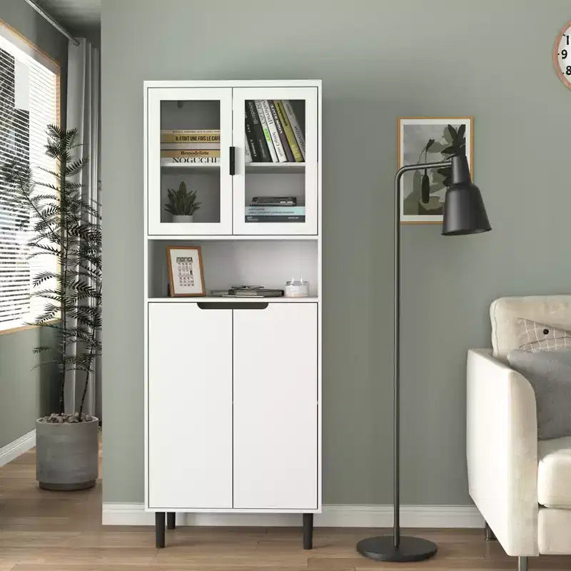 Libreria Alta con Ante in Vetro Temperato – Mobiletto Nero in MDF a 4 Ante, Altezza 160 cm