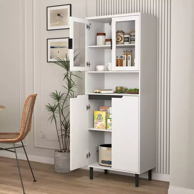 Libreria Alta con Ante in Vetro Temperato – Mobiletto Nero in MDF a 4 Ante, Altezza 160 cm