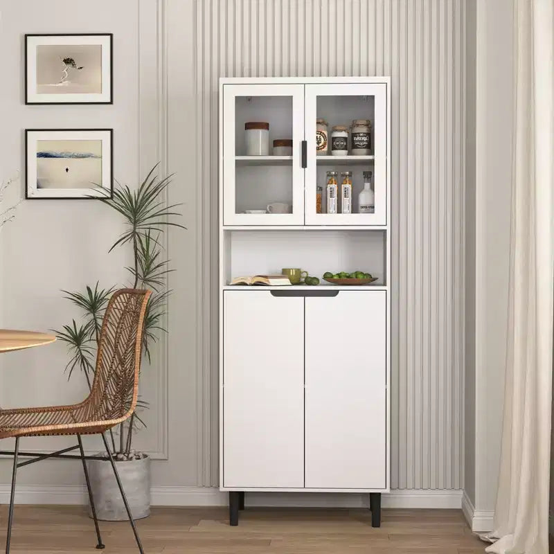 Libreria Alta con Ante in Vetro Temperato – Mobiletto Nero in MDF a 4 Ante, Altezza 160 cm
