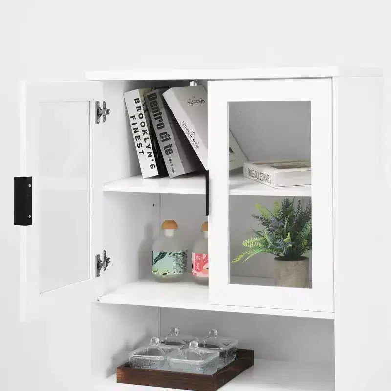 Libreria Alta con Ante in Vetro Temperato – Mobiletto Nero in MDF a 4 Ante, Altezza 160 cm