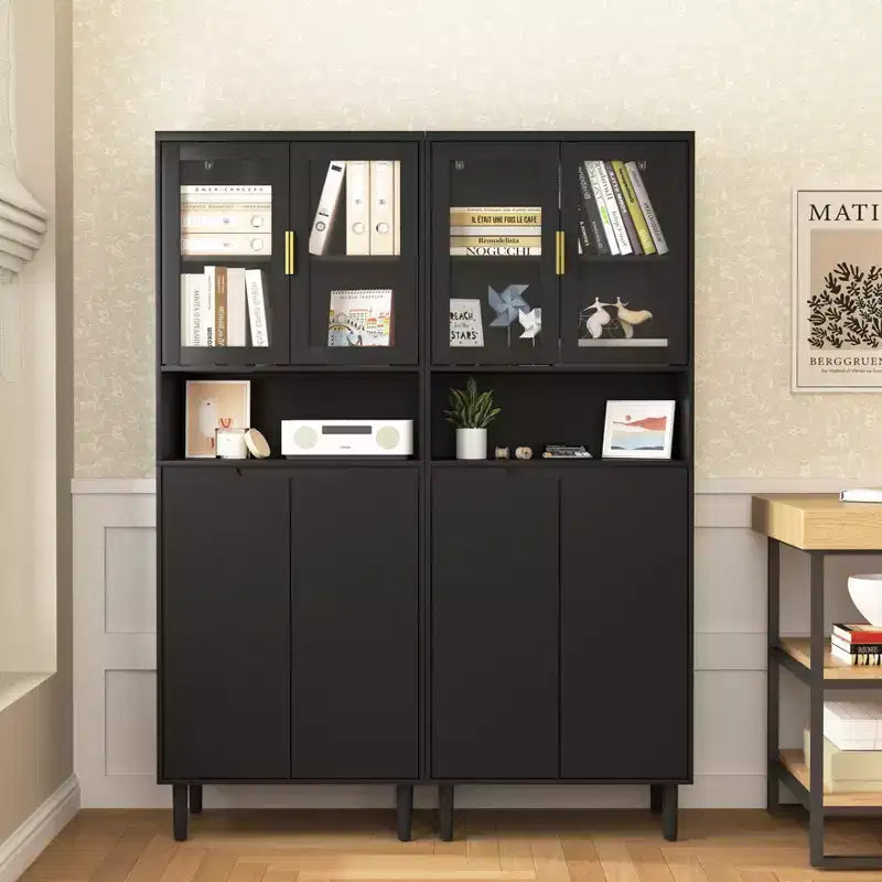 Libreria Alta con Ante in Vetro Temperato – Mobiletto Nero in MDF a 4 Ante, Altezza 160 cm