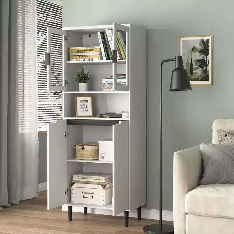 Libreria Alta con Ante in Vetro Temperato – Mobiletto Nero in MDF a 4 Ante, Altezza 160 cm