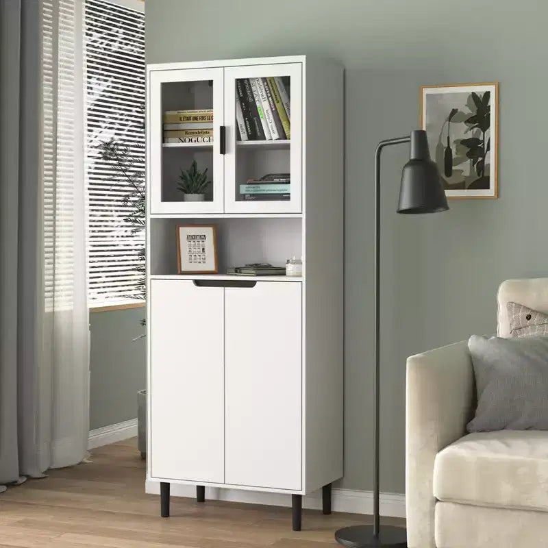 Libreria Alta con Ante in Vetro Temperato – Mobiletto Nero in MDF a 4 Ante, Altezza 160 cm
