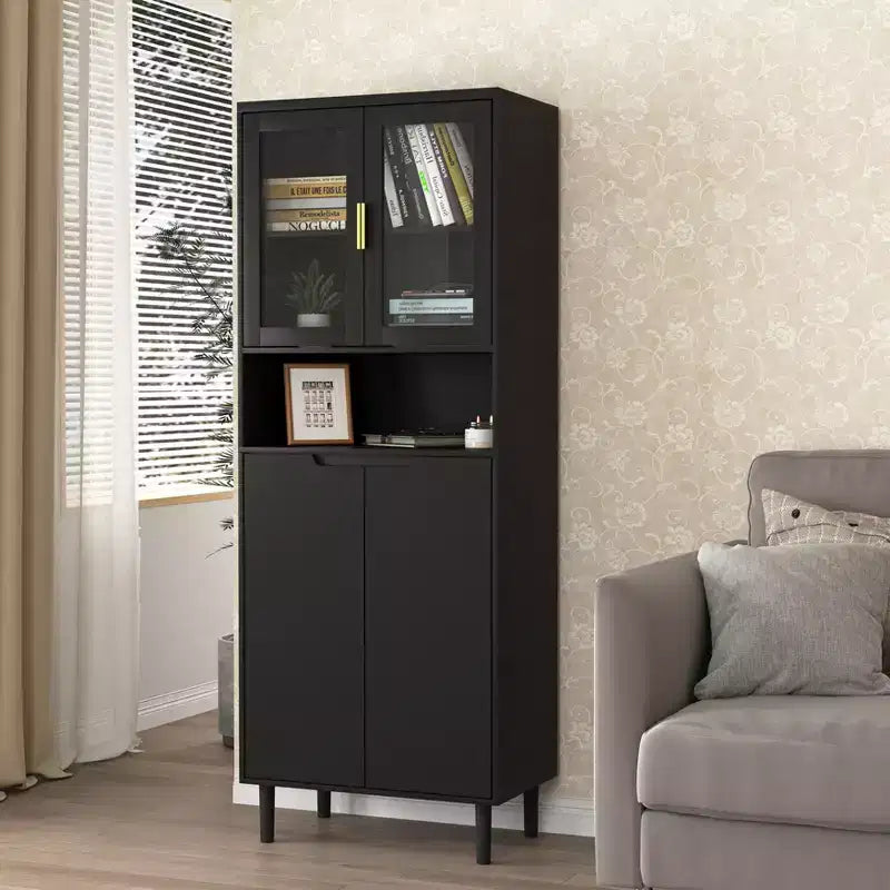 Libreria Alta con Ante in Vetro Temperato – Mobiletto Nero in MDF a 4 Ante, Altezza 160 cm