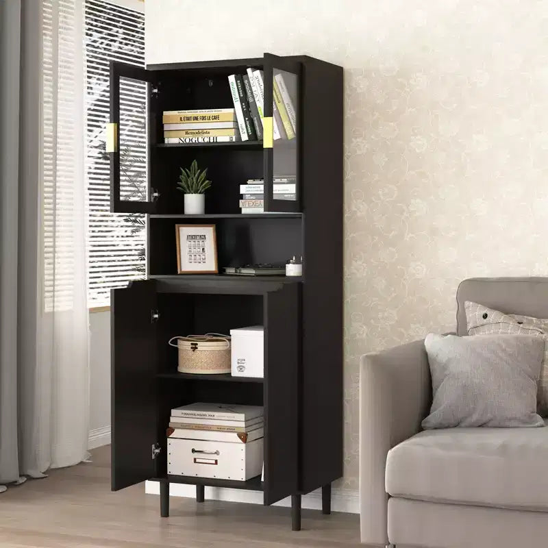 Libreria Alta con Ante in Vetro Temperato – Mobiletto Nero in MDF a 4 Ante, Altezza 160 cm
