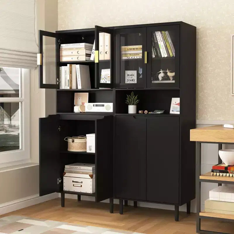 Libreria Alta con Ante in Vetro Temperato – Mobiletto Nero in MDF a 4 Ante, Altezza 160 cm