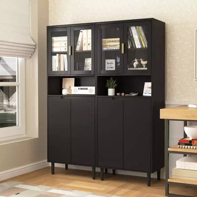 Libreria Alta con Ante in Vetro Temperato – Mobiletto Nero in MDF a 4 Ante, Altezza 160 cm