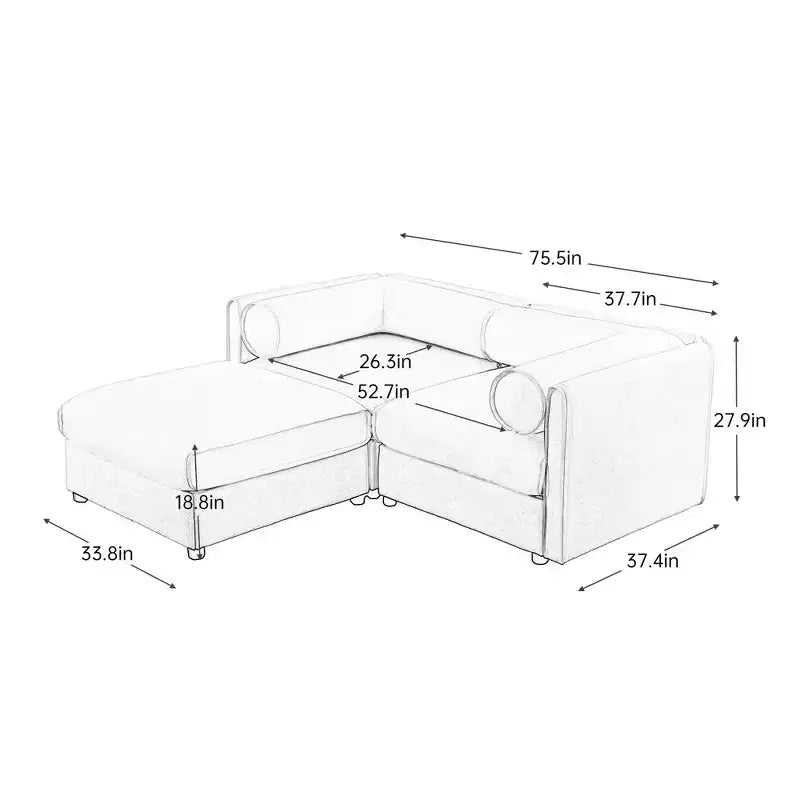 Elegante divano a 2 posti in ciniglia bianca con contenitore pouf, schienale e braccioli cilindrici