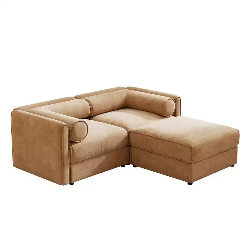 Elegante divano a 2 posti in ciniglia bianca con contenitore pouf, schienale e braccioli cilindrici