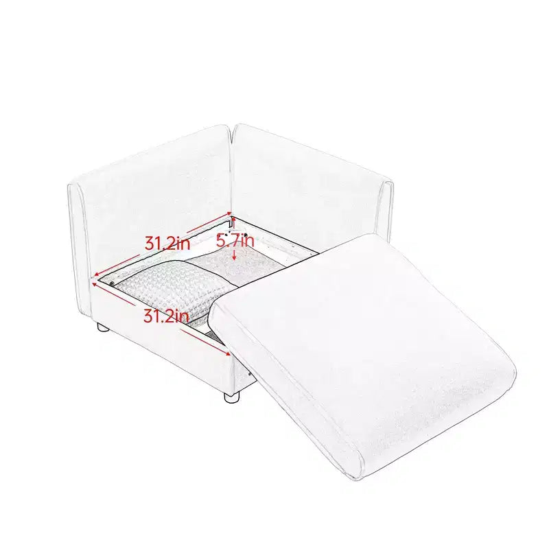 Elegante divano a 2 posti in ciniglia bianca con contenitore pouf, schienale e braccioli cilindrici