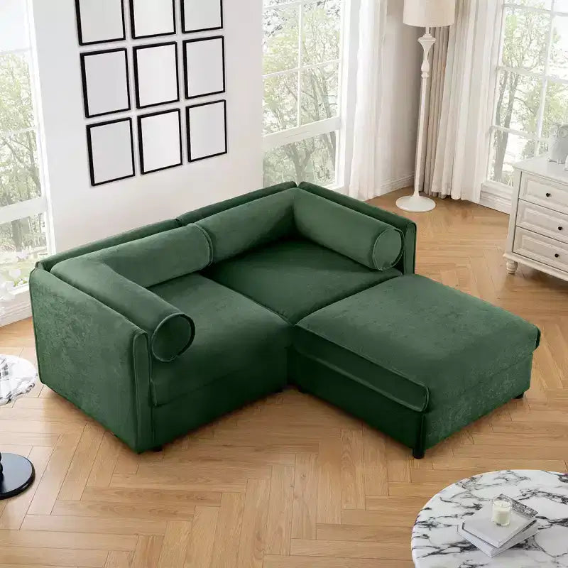 Elegante divano a 2 posti in ciniglia bianca con contenitore pouf, schienale e braccioli cilindrici