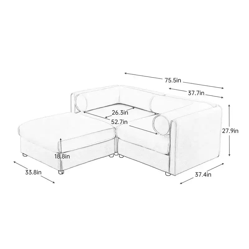 Elegante divano a 2 posti in ciniglia bianca con contenitore pouf, schienale e braccioli cilindrici