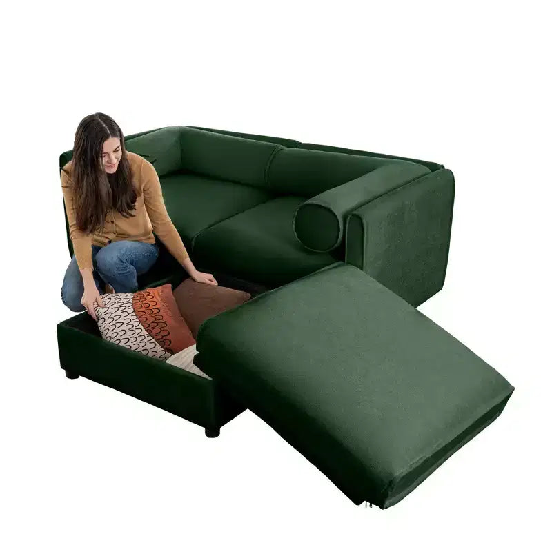 Elegante divano a 2 posti in ciniglia bianca con contenitore pouf, schienale e braccioli cilindrici