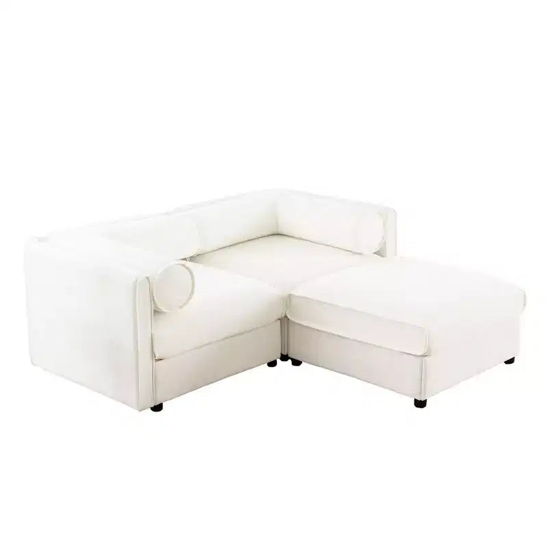 Elegante divano a 2 posti in ciniglia bianca con contenitore pouf, schienale e braccioli cilindrici