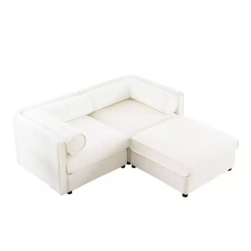 Elegante divano a 2 posti in ciniglia bianca con contenitore pouf, schienale e braccioli cilindrici