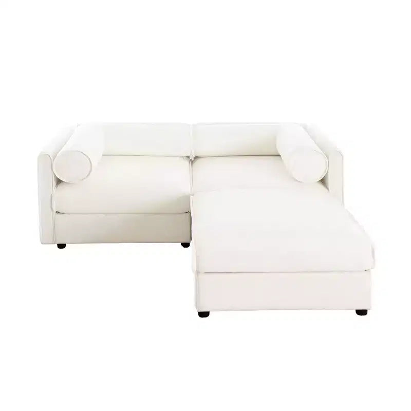 Elegante divano a 2 posti in ciniglia bianca con contenitore pouf, schienale e braccioli cilindrici