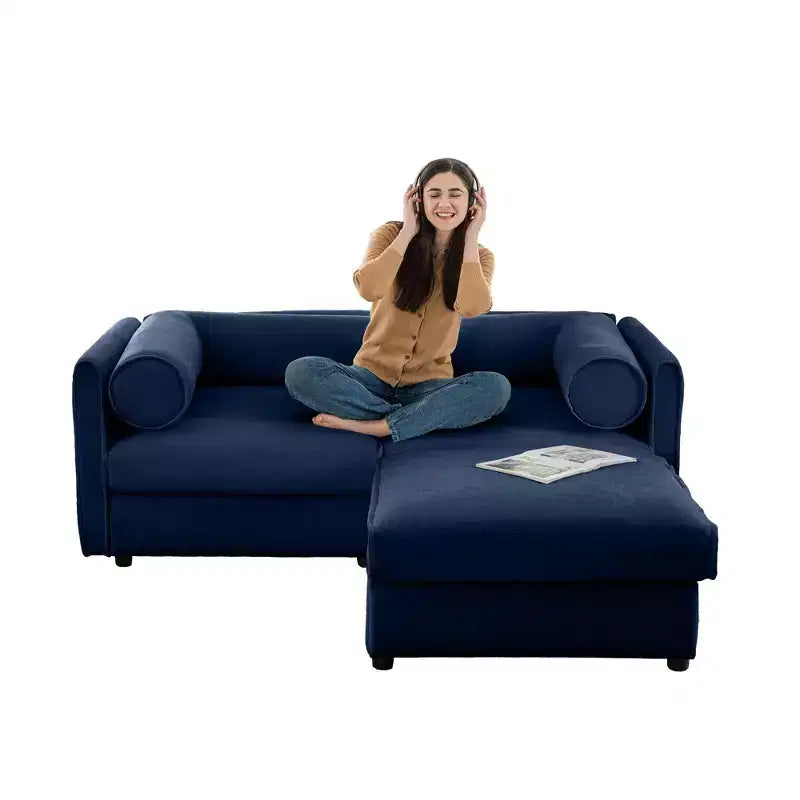 Elegante divano a 2 posti in ciniglia bianca con contenitore pouf, schienale e braccioli cilindrici