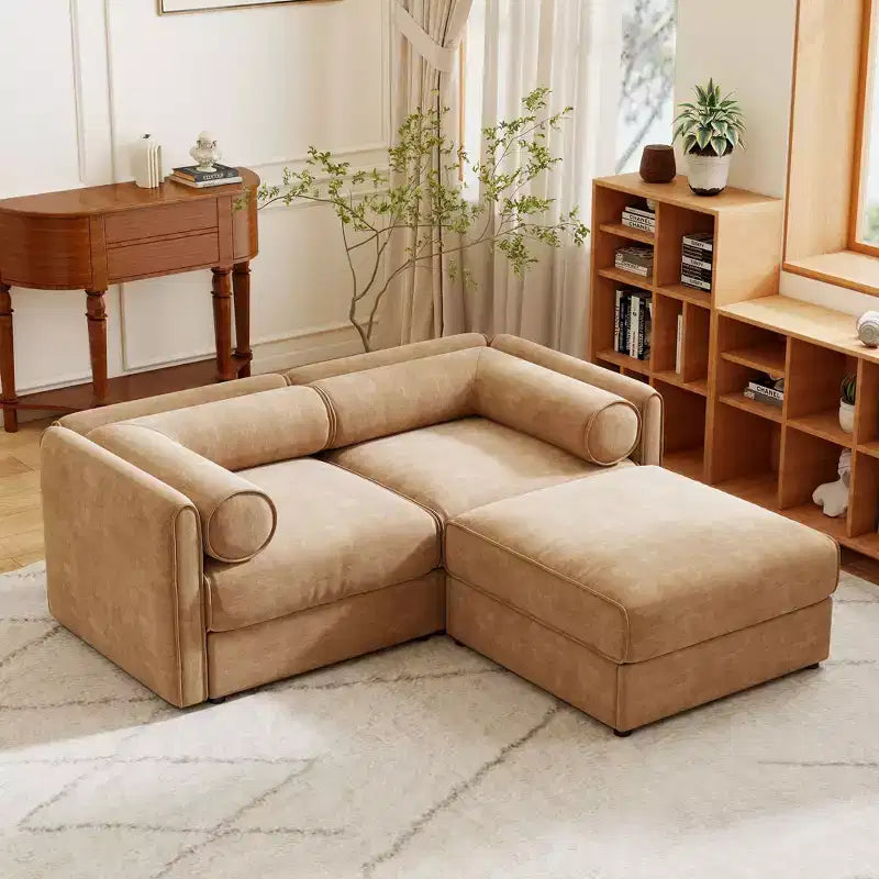Elegante divano a 2 posti in ciniglia bianca con contenitore pouf, schienale e braccioli cilindrici