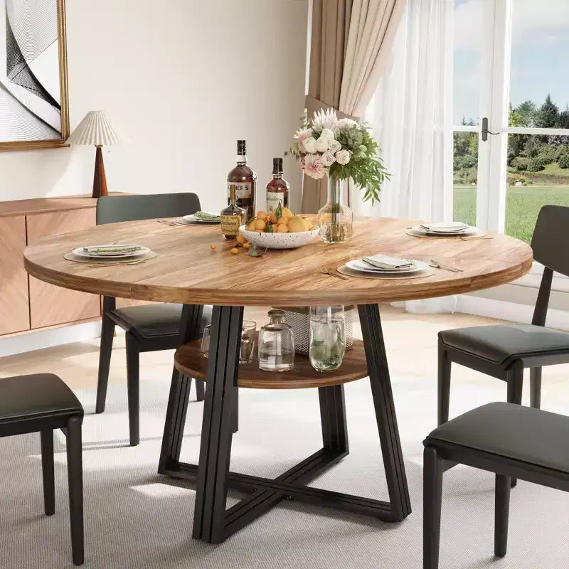 Tavolo da pranzo rotondo per 4-6 persone, Tavolo da cucina in stile rustico da 42 pollici con contenitore, Tavoli da pranzo circolari per cucina, sala da pranzo, soggiorno, sala riunioni, appartamento