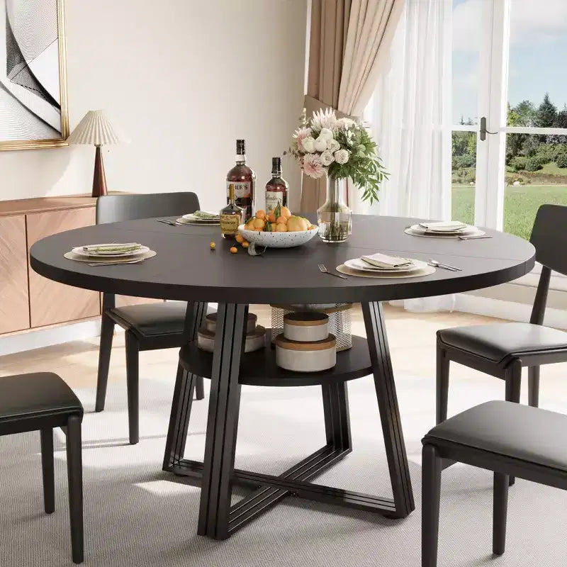 Round Dining Table for 4-6,42Farmhouse Kitchen Table with Storage,Circle Dinner Tables for Kitchen, Dining Room, Living Room, Meeting Room, Apartment