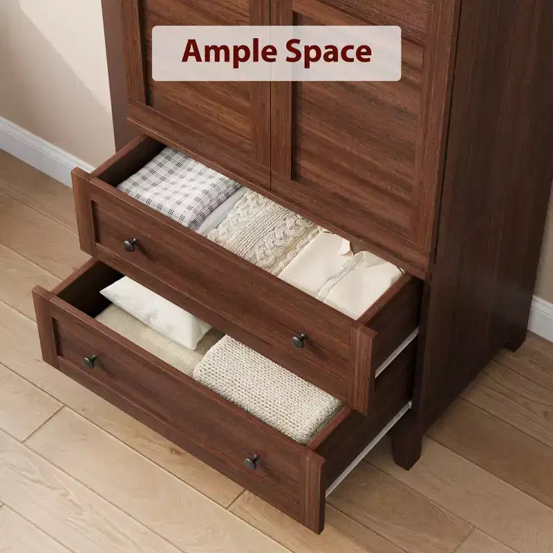 Armadio Guardaroba con 2 Cassetti, Armadio alto in legno da 182 cm con Asta Appendipeanni, Armadio con Ante e Ripiani Regolabili per la Camera da Letto